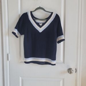Navy and White V-Neck Sweater Top